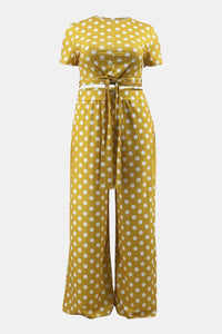 Plus Size Polka Dot Round Neck Top and Wide Leg Pants Set