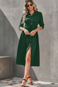 Collared Neck Tie Waist Midi Shirt Dress