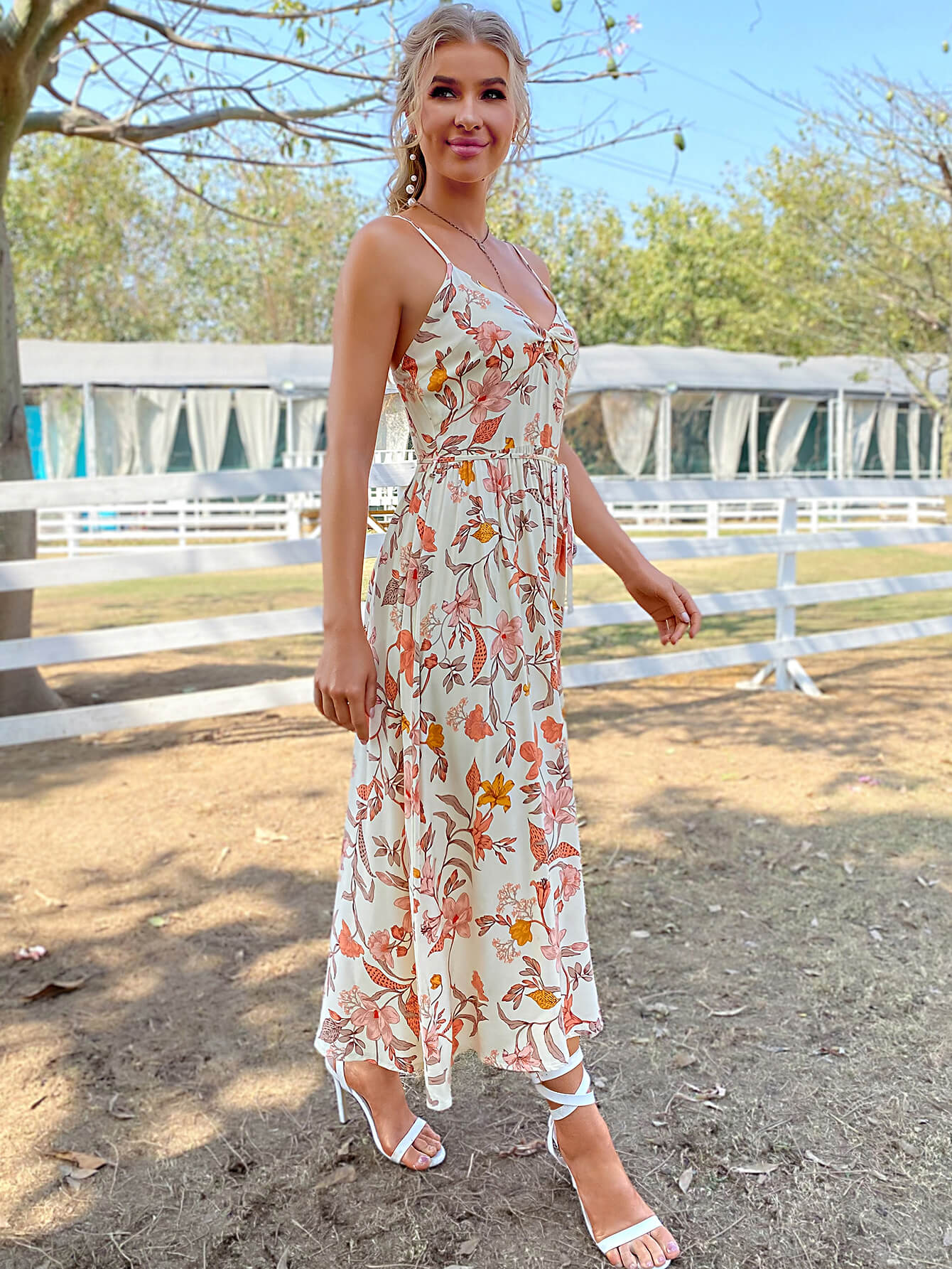 Floral Twist Front Tie Waist Dress