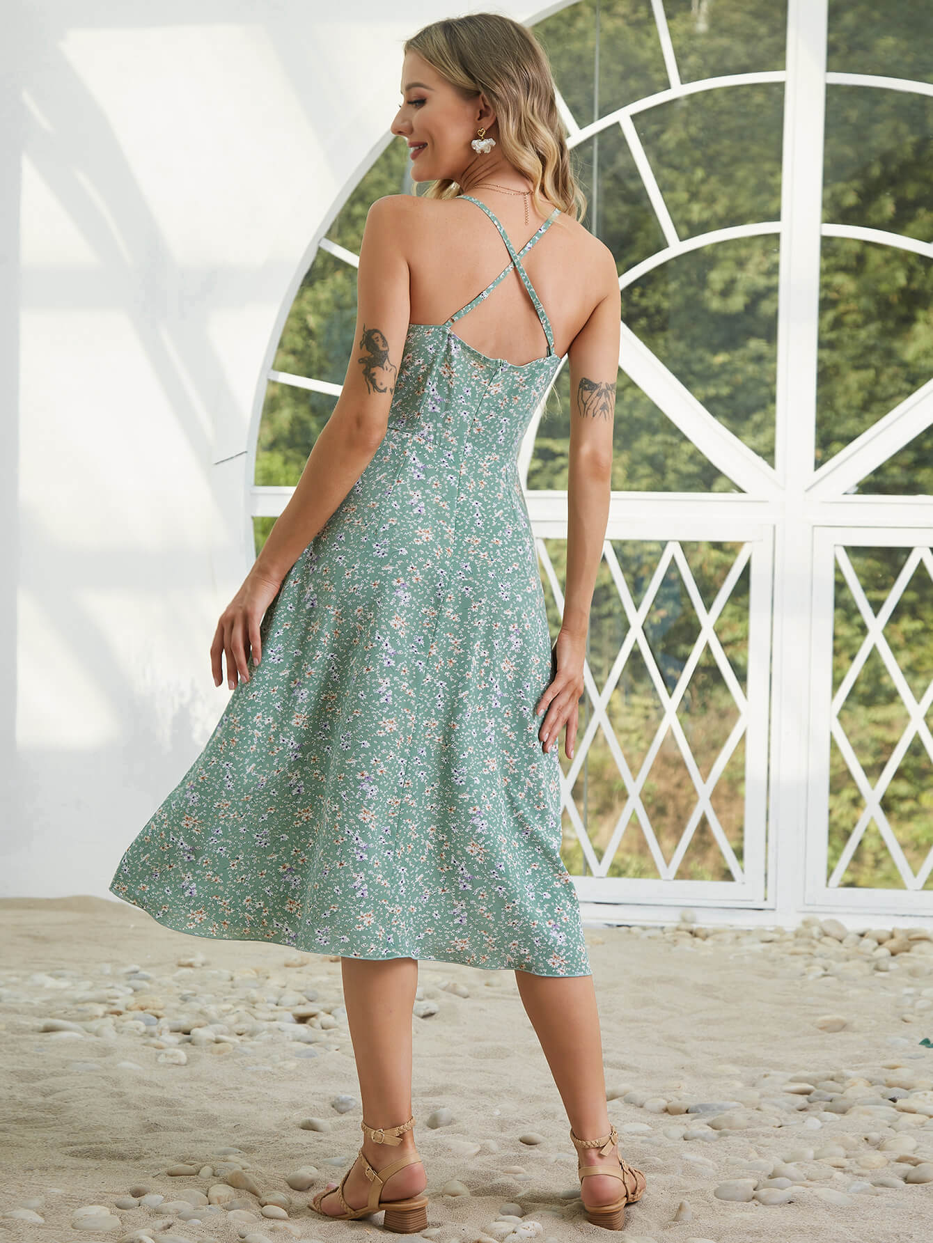 Ditsy Floral Tie Detail Slit Midi Dress Ruelabel Ditsy Floral Tie Detail Slit Midi Dress Ruelabel