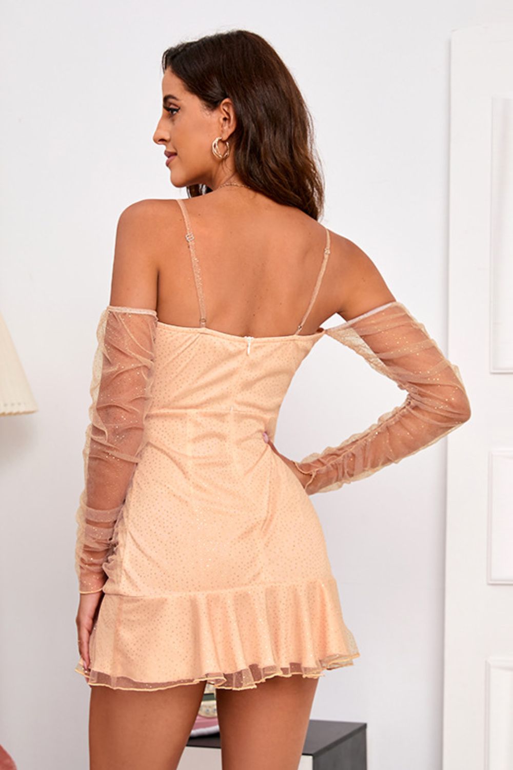 Glitter Cold-Shoulder Mesh Sleeve Ruffle Hem Dress