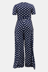 Plus Size Polka Dot Round Neck Top and Wide Leg Pants Set