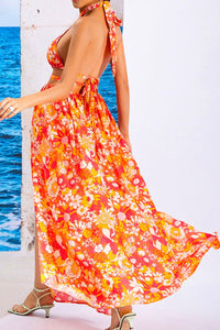 Printed Cutout Halter Neck Tie Back Split Dress